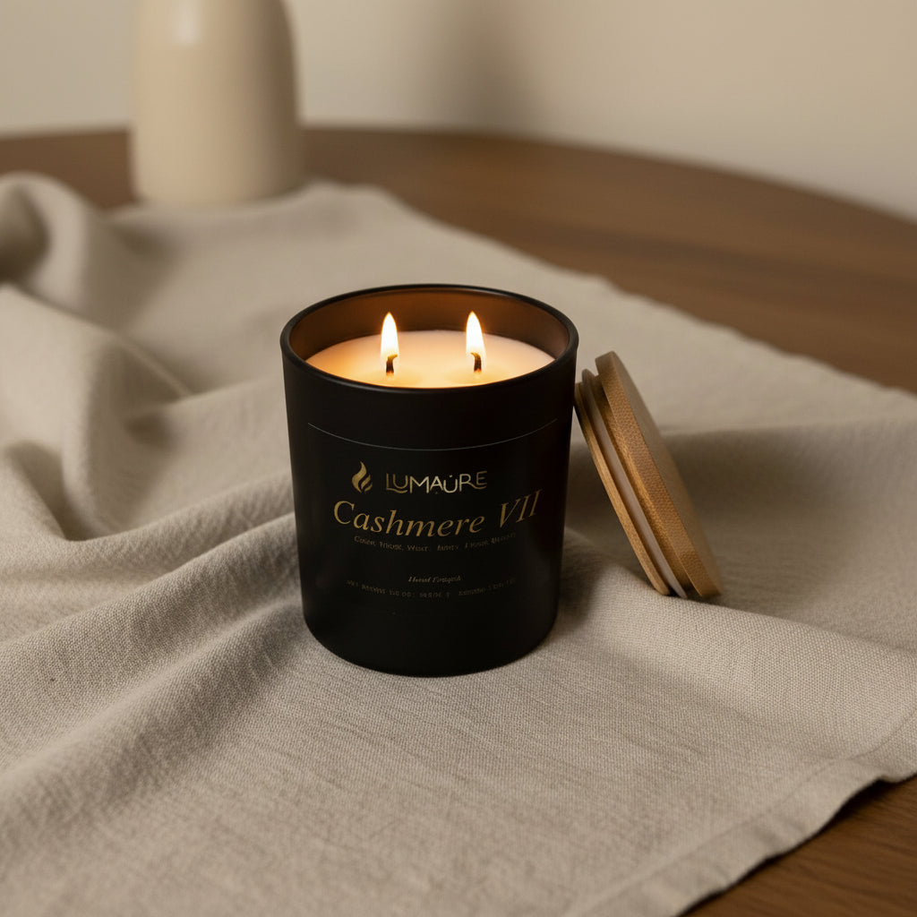 Lit Cashmere VII candle creating a warm and cozy atmosphere