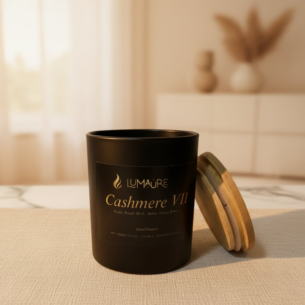 Lumaure Cashmere VII cocoa butter and warm woods coconut-soy candle