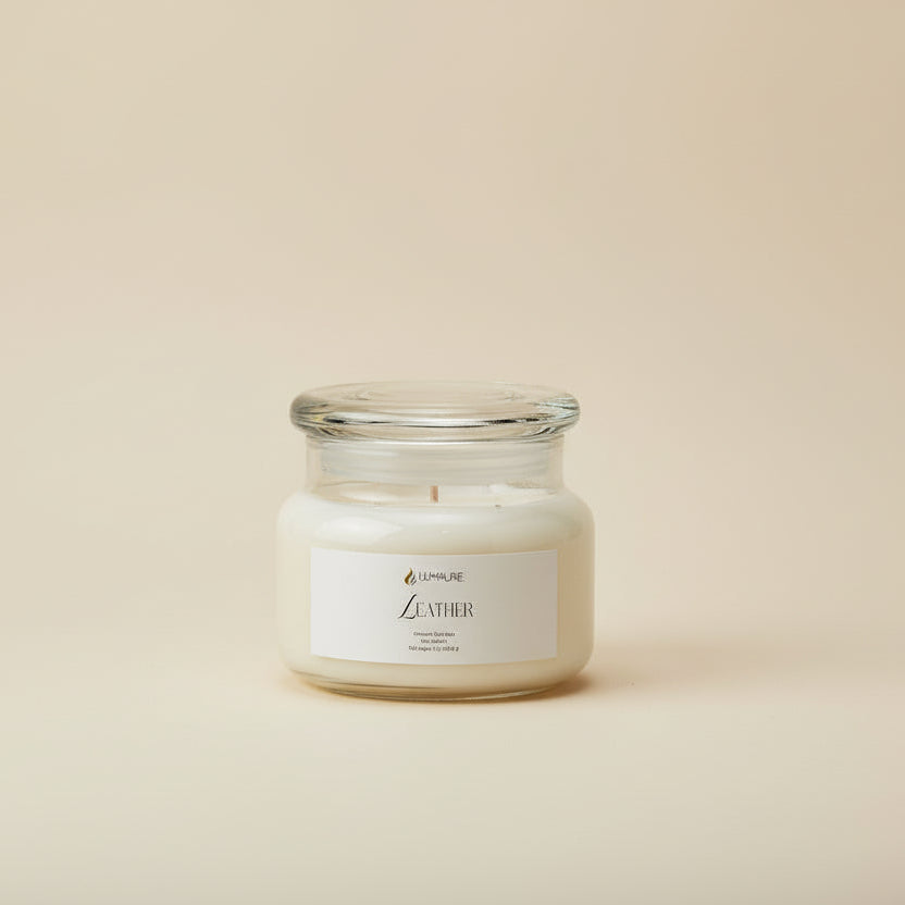 Lumaure 10 oz Leather scent candle created with coconut soy wax