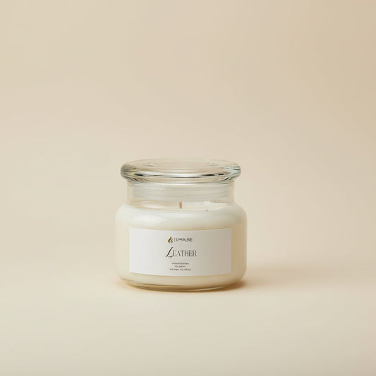 Lumaure 10 oz Leather scent candle created with coconut soy wax