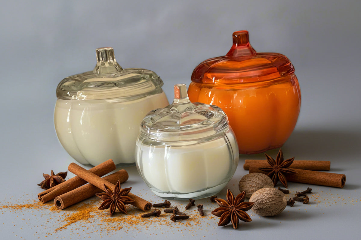 Pumpkin Souffle candles in white and orange pumpkin-shaped glass jars