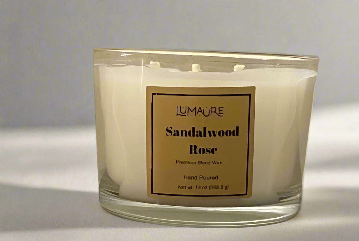 Lumaure Sandalwood Rose 13 oz three-wick coconut-soy candle