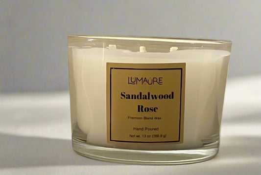 Lumaure Sandalwood Rose 13 oz three-wick coconut-soy candle