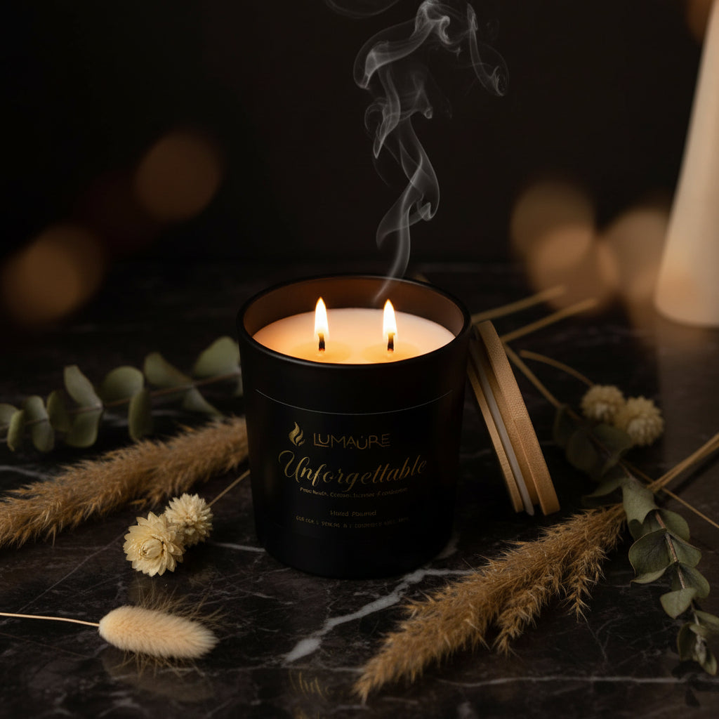 Lit Lumaure Unforgettable candle in a dark sophisticated setting