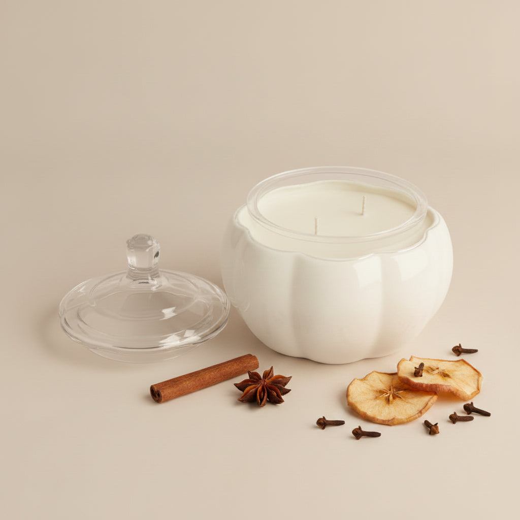 White 14 oz Pumpkin Souffle candle in a pumpkin-shaped glass jar